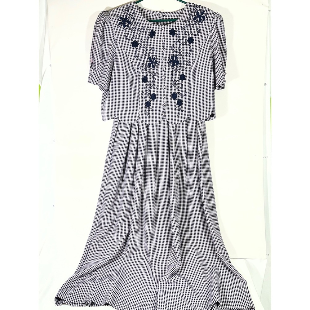 VTG PLAZA SOUTH Women's Gingham Dress Grandma Cottagecore Dress Navy/White SZ 10